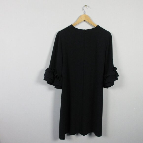 Club Monaco Crepe Mini Dress 6 Black 3/4 Ruffle Sleeve Lined Shift Luxury 424 - Picture 2 of 10